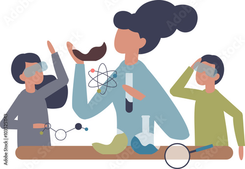 A woman and children experiment with test tubes and molecules in a chemistry lab.
