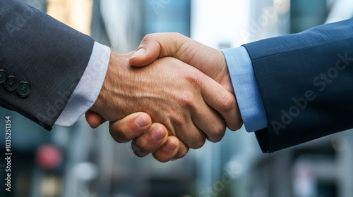 A business handshake in front of a corporate building, marking the start of a new business venture