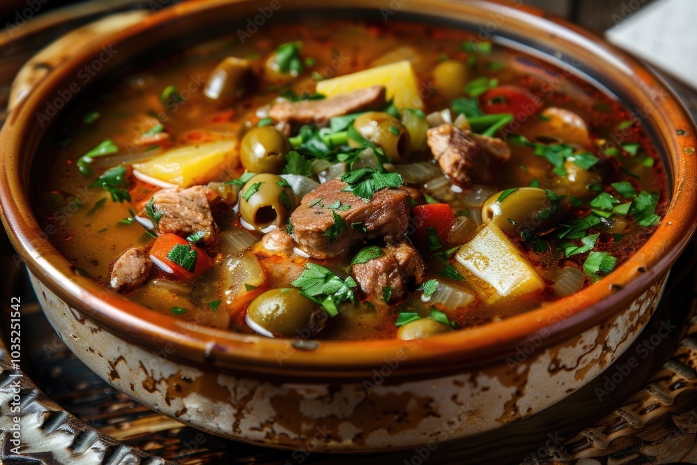 A warm and savory bowl of stew with chunks of meat and mixed vegetables