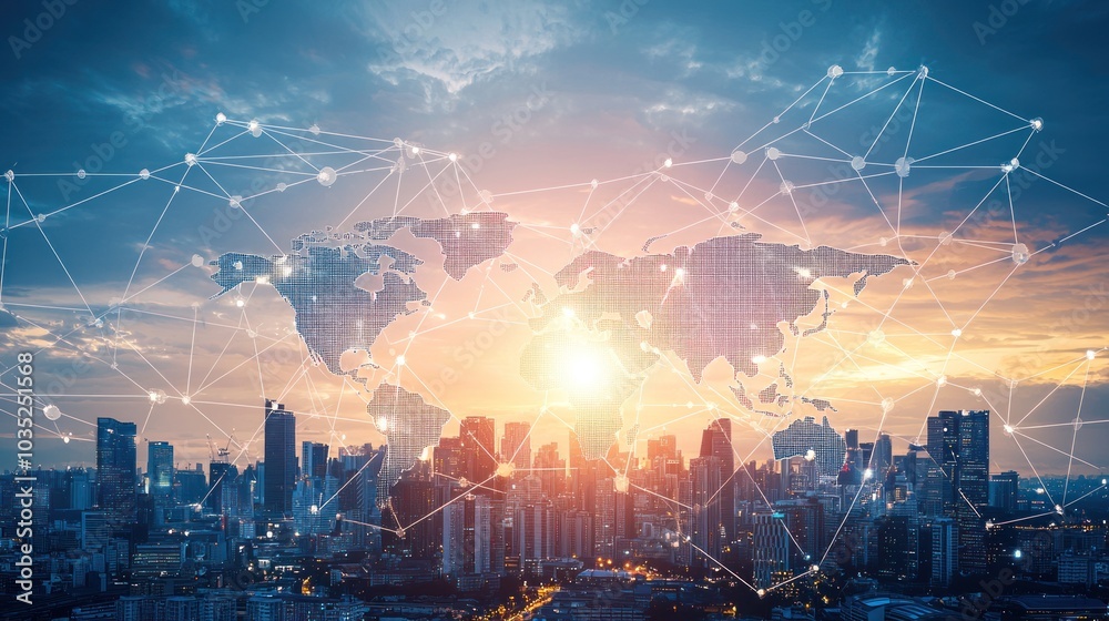 Fototapeta premium A futuristic cityscape showing a global network of technology and business connectionsGraphic depicting the journey of a small business from concept to reality, highlighting key milestones and challen