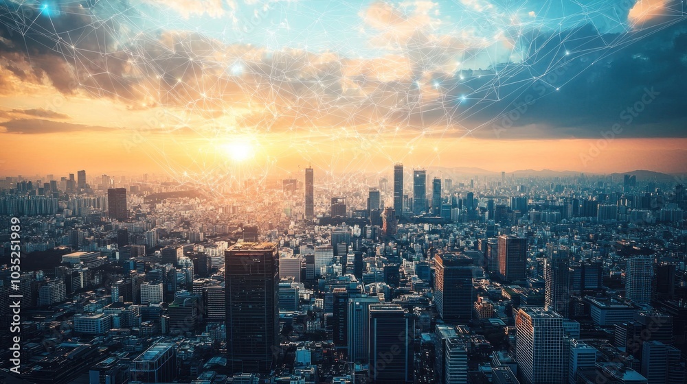 Fototapeta premium A futuristic cityscape showing a global network of technology and business connectionsGraphic depicting the journey of a small business from concept to reality, highlighting key milestones and challen