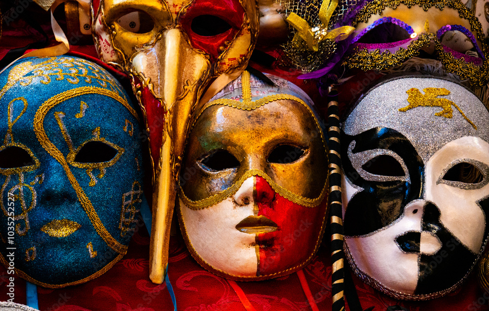 shop in italy close up three typical venetian masks with intricate decorations and details shop in italy close up three typical venetian masks with intricate decorations and details