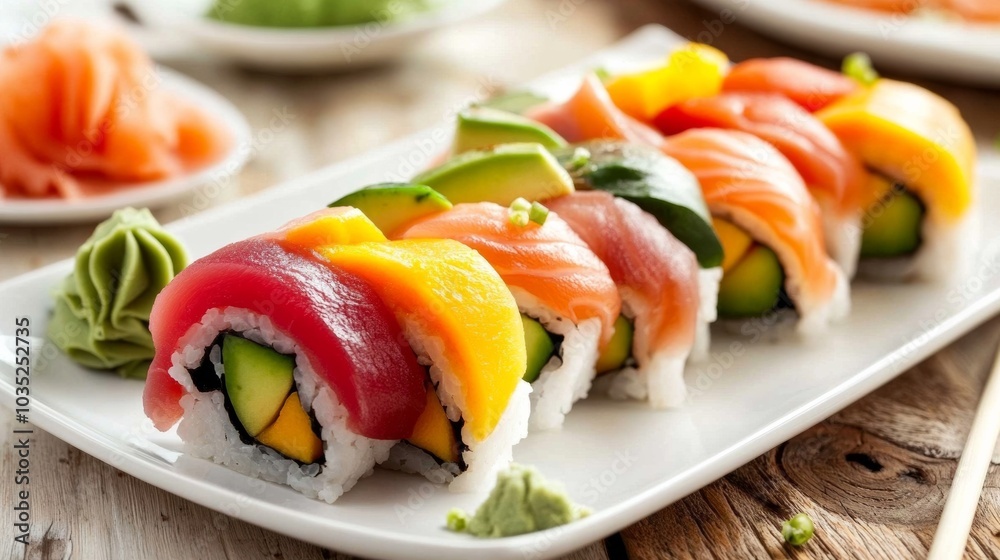 A colorful plate of rainbow sushi rolls with tuna, salmon, avocado
