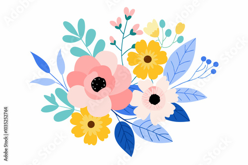 Colorful watercolor flower arrangement spring flower, bouquet, summer flowers, floral vector illustration.