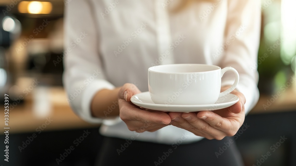 Woman in white shirt holding coffee cup and saucer