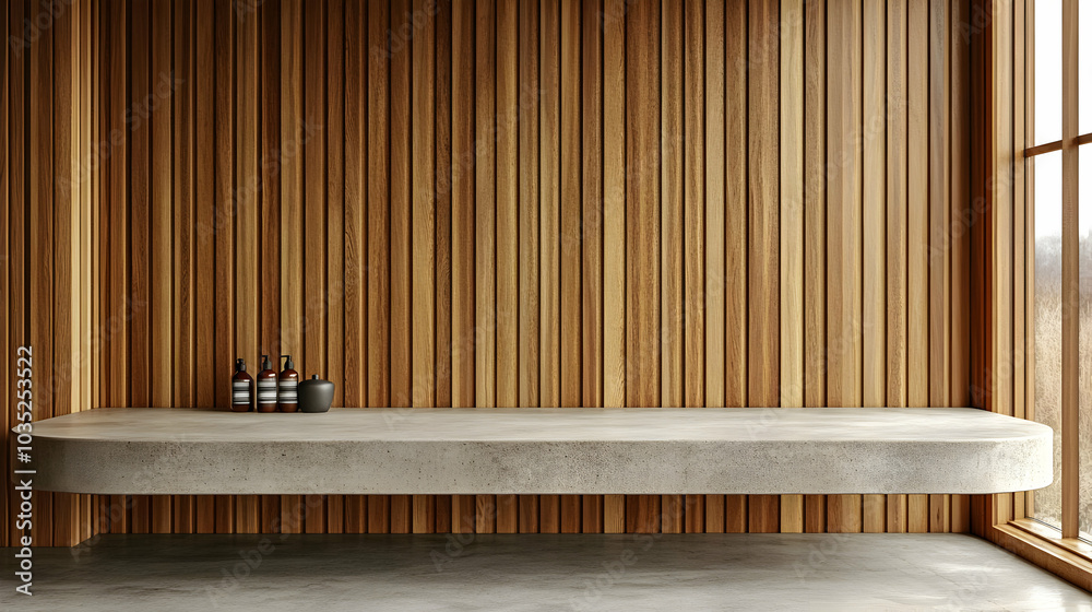 Modern Minimalist Interior Design: Concrete Shelf with Wooden Wall and Window View Modern Minimalist Interior Design: Concrete Shelf with Wooden Wall and Window View