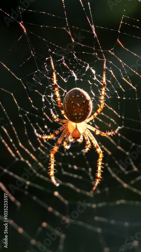 Spider illuminated on web in natural sunlight 