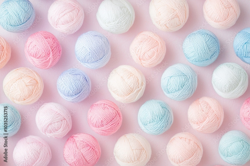 A pastel-colored background featuring balls of yarn, arranged in an organized pattern on the surface. A pastel-colored background featuring balls of yarn, arranged in an organized pattern on the surface.