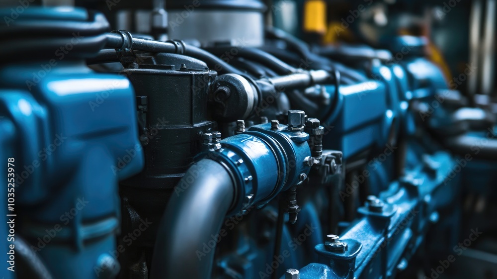 Close-up of blue industrial engine showing mechanical parts and detailed components Close-up of blue industrial engine showing mechanical parts and detailed components