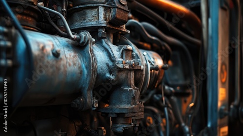 Close-up of industrial machine with metal pipes and gears