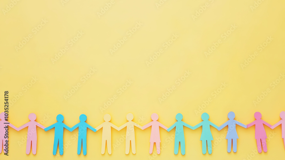 Teamwork and helping concept with paper chain cutout people holding hands on pastel yellow background. Generative AI Teamwork and helping concept with paper chain cutout people holding hands on pastel yellow background. Generative AI