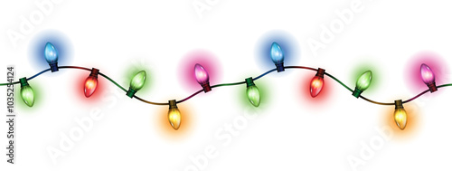 Realistic glowing colorful christmas lights in seamless pattern on transparent background