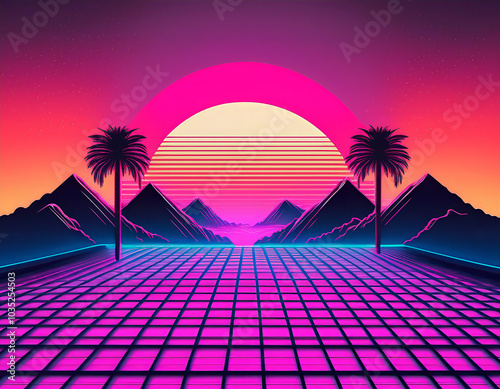 80s retro futuristic background with glowing neon grid, palm trees and mountains silhouetted against a sunset