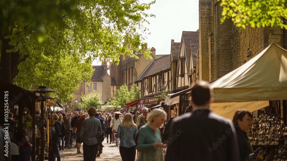 Obraz premium Busy outdoor market with people shopping along tree-lined street