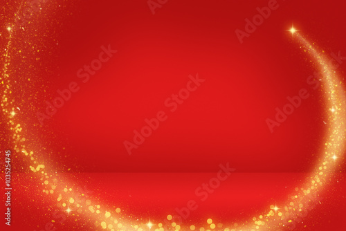 Red soft focus background with gold bokeh lights and sparkles. Abstract festive backdrop for product display, advertising or presentation