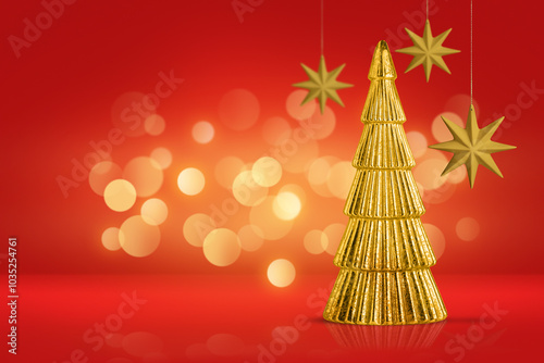Gold Christmas tree and hanging stars on red background with bokeh lights. Festive winter holiday decoration and ornament. Modern design for greeting card, banner, invitation