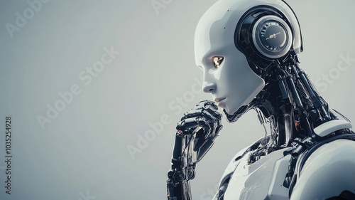 Futuristic android with metallic body and contemplative pose