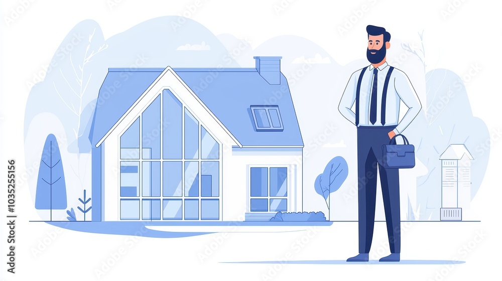 Businessman standing proudly in front of a modern house, showcasing professionalism and design. Businessman standing proudly in front of a modern house, showcasing professionalism and design.
