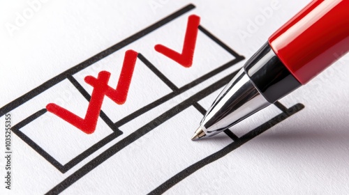 Close-up of a pen marking completed checklists with red ticks on a clean white background.