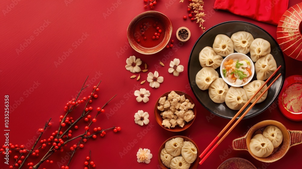 Traditional Chinese dumplings on vibrant red background with festive decor, celebrating Asian cuisine Traditional Chinese dumplings on vibrant red background with festive decor, celebrating Asian cuisine