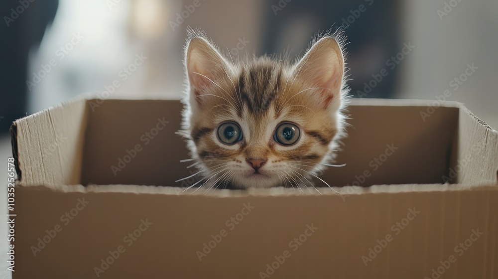 A small kitten looking out of a cardboard box. A small kitten looking out of a cardboard box.