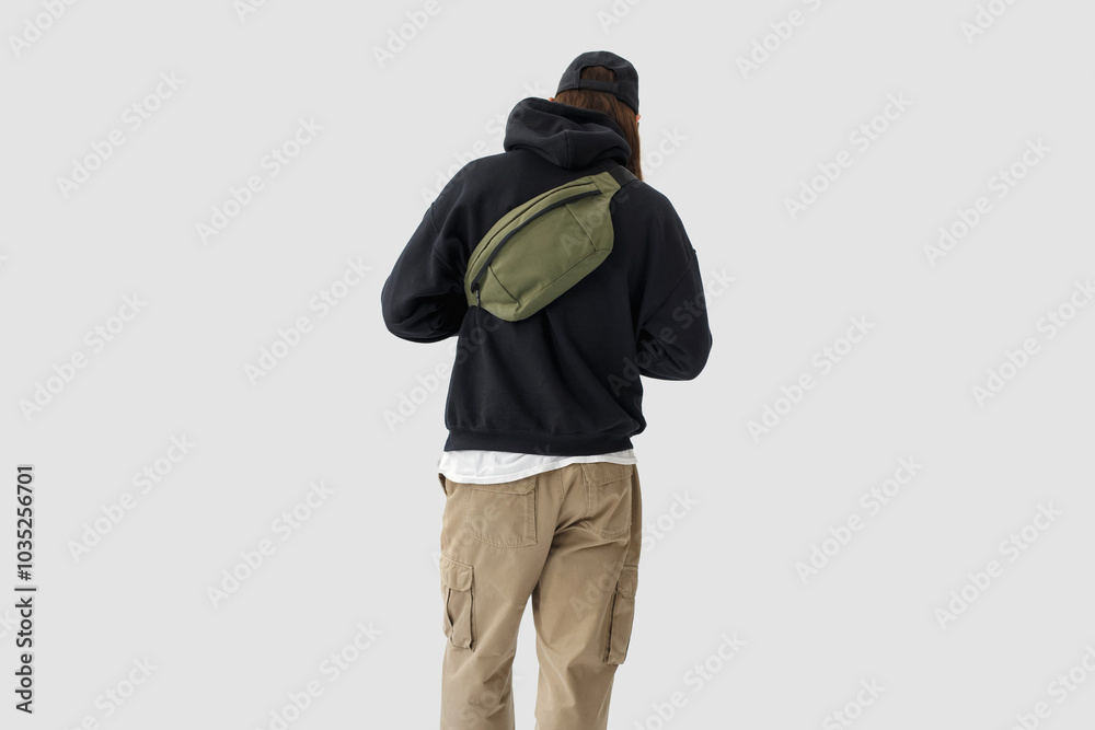A man with a green bag on his back A man with a green bag on his back