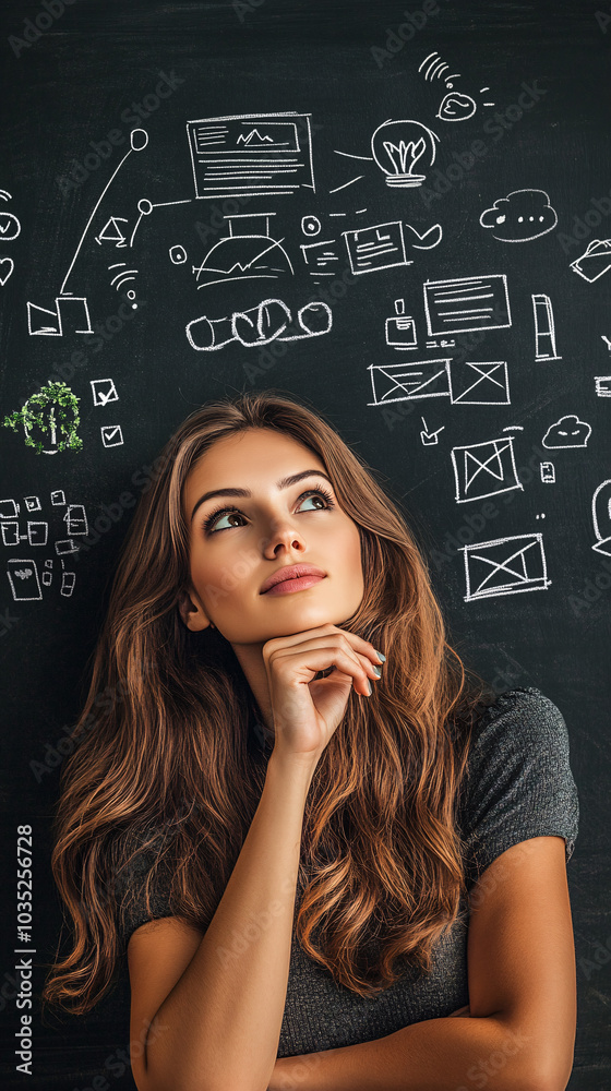 Person standing thoughtfully in front of a chalkboard filled with business-related sketches and symbols, evoking deep thinking, creativity, and strategic planning for a business or startup. Person standing thoughtfully in front of a chalkboard filled with business-related sketches and symbols, evoking deep thinking, creativity, and strategic planning for a business or startup.