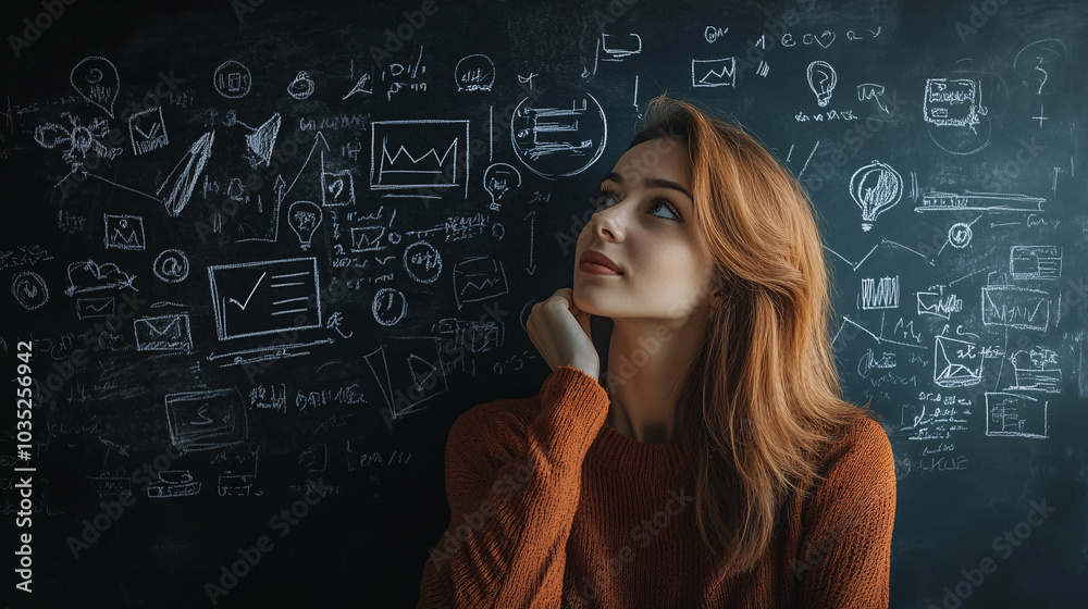Person standing thoughtfully in front of a chalkboard filled with business-related sketches and symbols, evoking deep thinking, creativity, and strategic planning for a business or startup. Person standing thoughtfully in front of a chalkboard filled with business-related sketches and symbols, evoking deep thinking, creativity, and strategic planning for a business or startup.