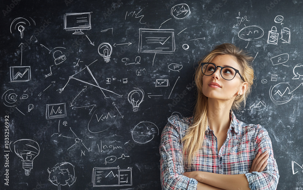 Person standing thoughtfully in front of a chalkboard filled with business-related sketches and symbols, evoking deep thinking, creativity, and strategic planning for a business or startup. Person standing thoughtfully in front of a chalkboard filled with business-related sketches and symbols, evoking deep thinking, creativity, and strategic planning for a business or startup.