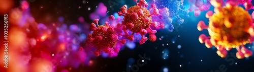 Colorful visualization of virus particles under a microscope with a dark background.