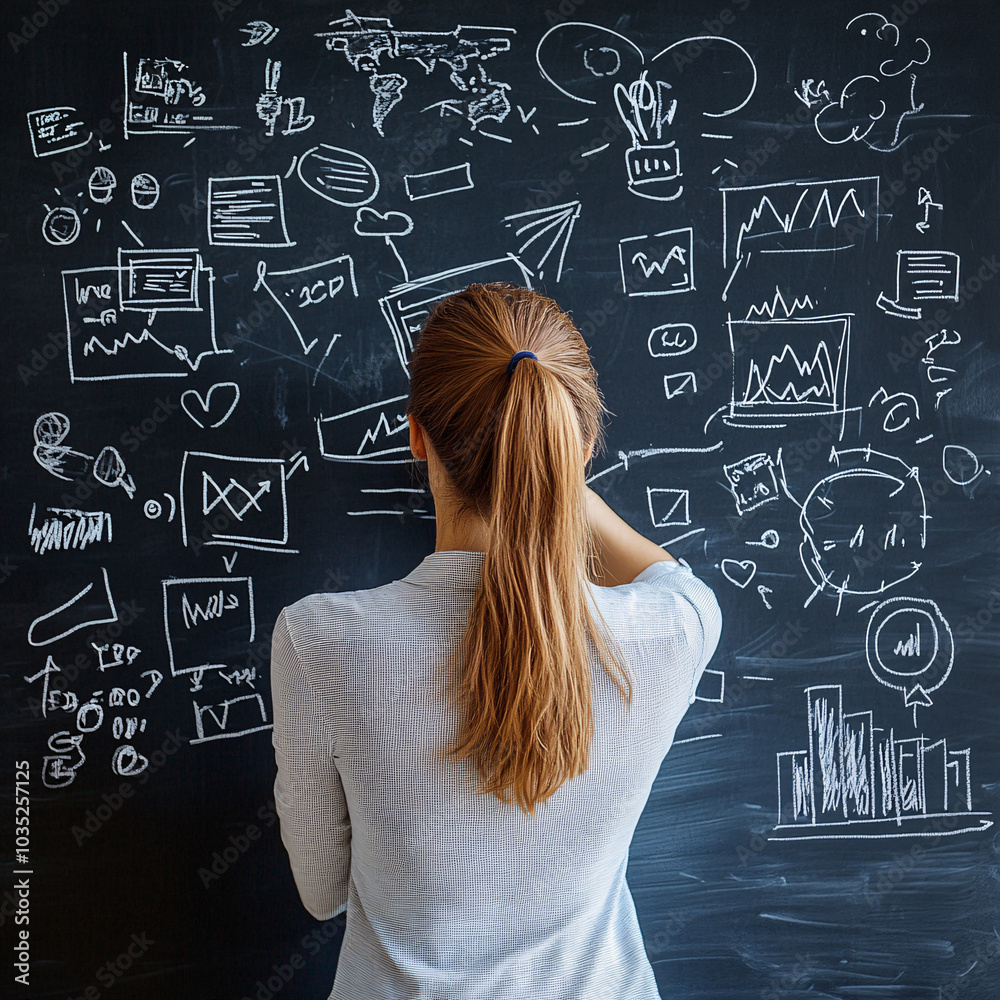 Person standing thoughtfully in front of a chalkboard filled with business-related sketches and symbols, evoking deep thinking, creativity, and strategic planning for a business or startup. Person standing thoughtfully in front of a chalkboard filled with business-related sketches and symbols, evoking deep thinking, creativity, and strategic planning for a business or startup.