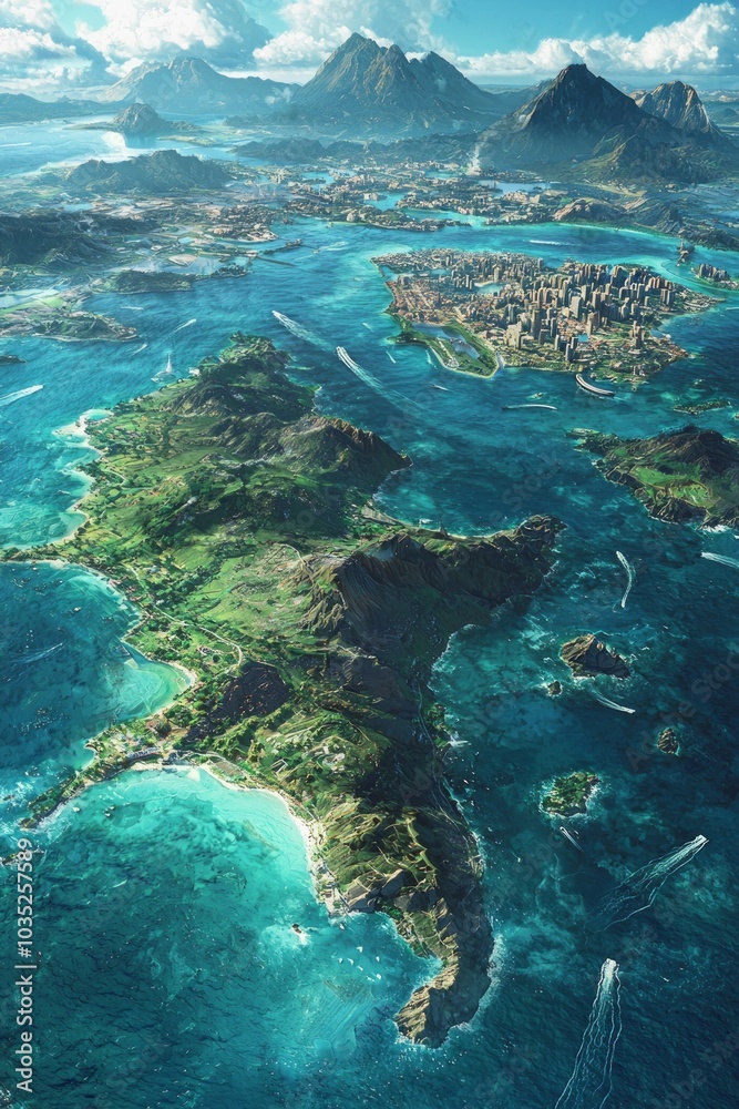 A realistic aerial view of the immense island, with cities in sight on either side. The ocean is blue-green, with small islands scattered around it. A realistic aerial view of the immense island, with cities in sight on either side. The ocean is blue-green, with small islands scattered around it.