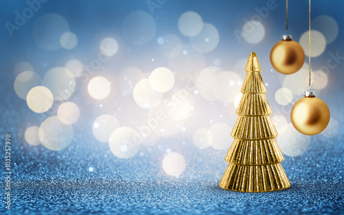 Gold Christmas tree and hanging bauble on shiny glitter blue background with bokeh light. Festive winter holiday decoration and ornament. Modern design with copy space for card, banner, invitation