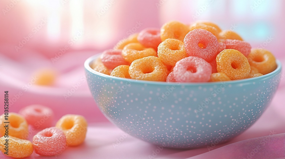 A colorful bowl of sugary, ring-shaped candies on a soft, pastel background. A colorful bowl of sugary, ring-shaped candies on a soft, pastel background.