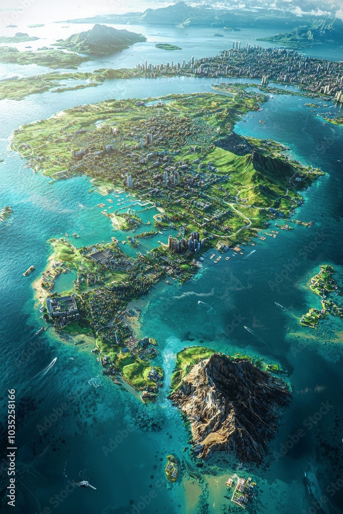 Fototapeta premium A realistic aerial view of the immense island, with cities in sight on either side. The ocean is blue-green, with small islands scattered around it.