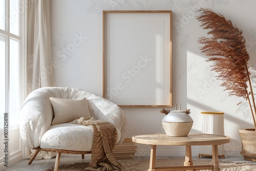 Interior of living room with white walls, concrete floor, wicker sofa and wooden coffee table.