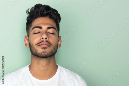 Peaceful Indian man meditating with closed eyes on serene light green background with copy space on right side