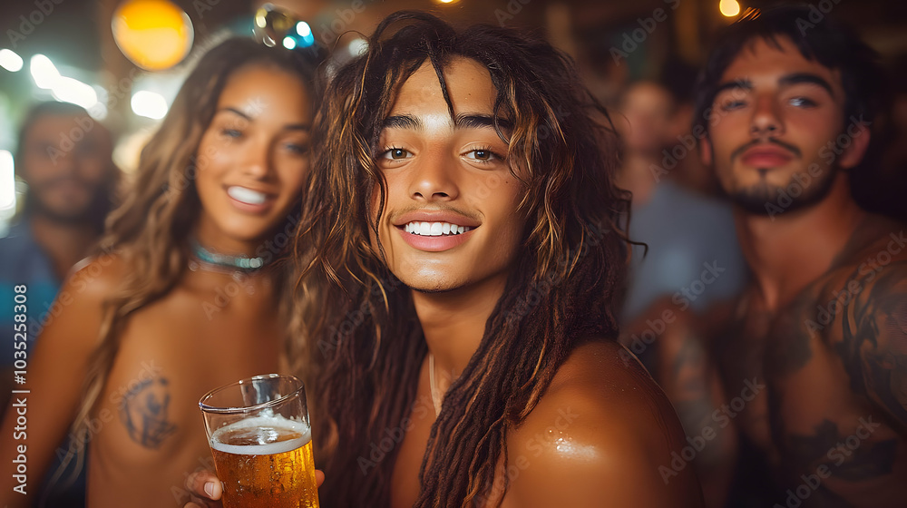 Smiling Man with Dreadlocks Holding Beer in a Bar with Friends Smiling Man with Dreadlocks Holding Beer in a Bar with Friends