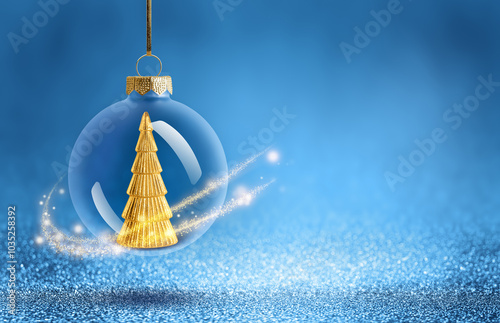 Christmas bauble with gold tree decoration inside. New Year ornaments on blue sparkling background. Winter holiday festive design for greeting card, invitation or banner