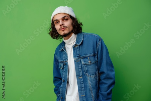 Cool European Young Man in Beanie and Denim Jacket Against Vibrant Green Background with Copy Space on Left