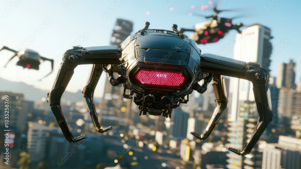 Futuristic robotic spider drones flying over a city skyline with a bright backdrop. Futuristic robotic spider drones flying over a city skyline with a bright backdrop.