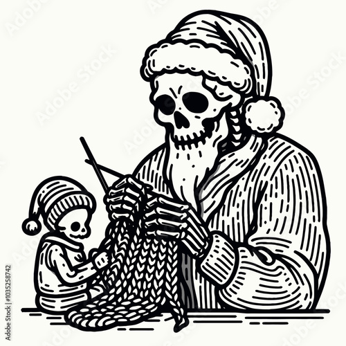 A whimsical illustration of a skeleton Santa knitting with a smaller skeleton, blending holiday cheer with a spooky twist.