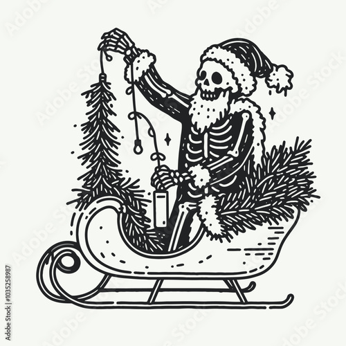 A whimsical skeleton dressed as Santa rides a sleigh decorated with evergreen branches, spreading holiday cheer in a unique, playful way.