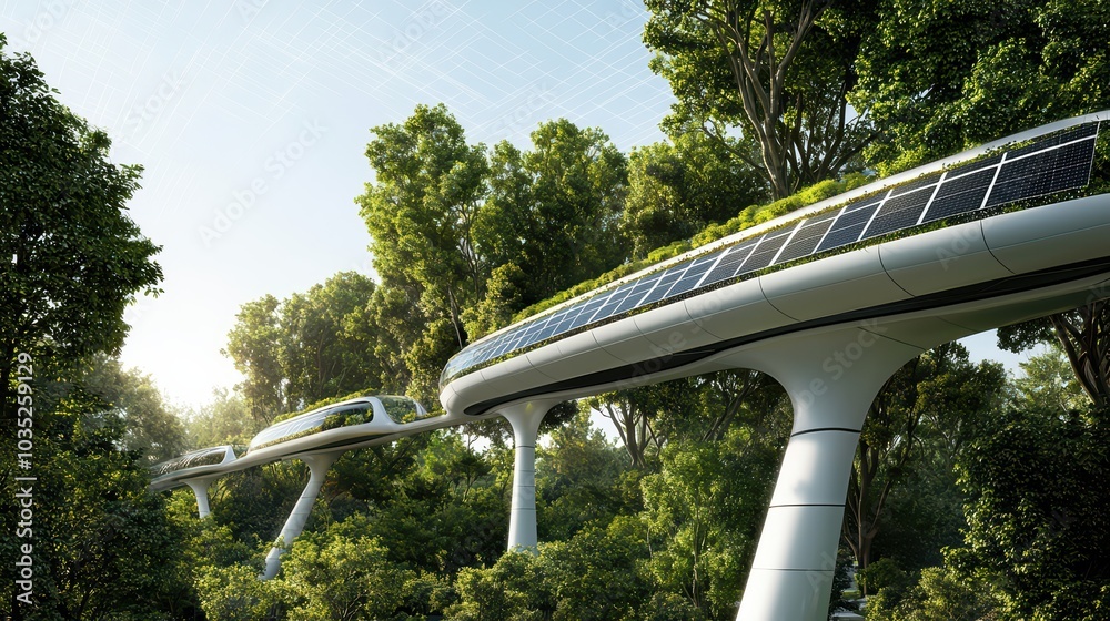 Futuristic solar-powered transport system across lush greenery. Futuristic solar-powered transport system across lush greenery.