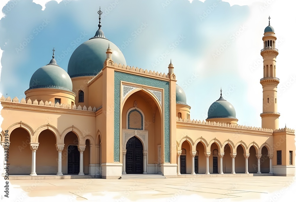 Obraz premium Morning view of beautiful ancient sandstone and marble landmark Badshahi mosque and courtyard built by mughal emperor Aurangzeb in Lahore, Punjab, Pakistan 