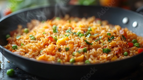 A steaming pan of colorful fried rice with vegetables, showcasing a delicious meal preparation.