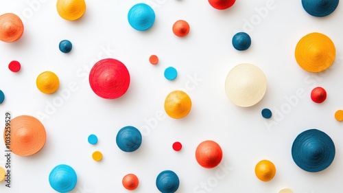 Colorful round decorations on white background in varied sizes and hues
