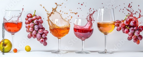 A surreal scene where grapes are suspended inside glasses of wine, with splashes creating a dynamic and fluid transition between fruit and drink. photo