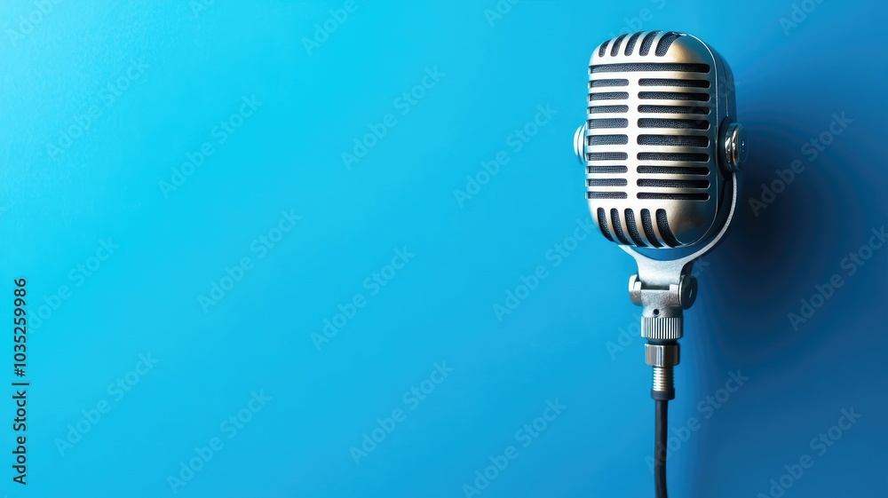 Fototapeta premium Retro-style microphone with metallic finish on blue background