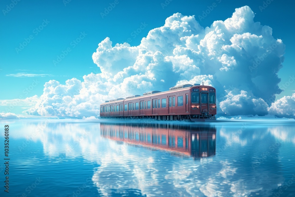 A train on the sea in anime style, surrounded by white clouds and blue sky, with a symmetrical composition, high-saturation colors. A train on the sea in anime style, surrounded by white clouds and blue sky, with a symmetrical composition, high-saturation colors.